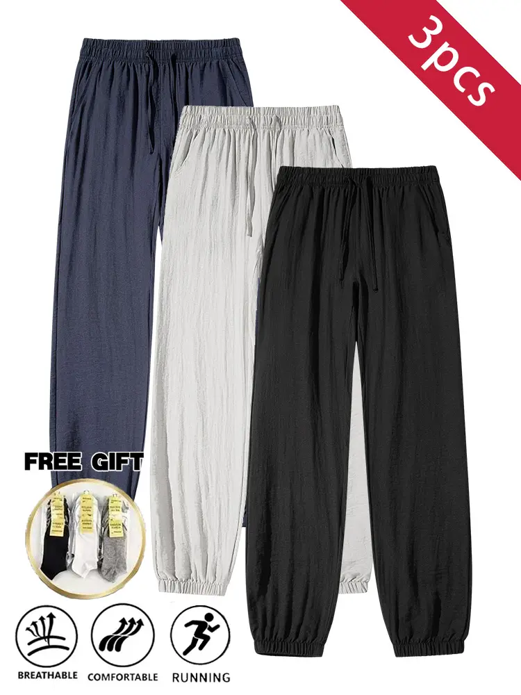 3PCS Men’s Summer Lightweight Jogger Pants, Elastic Drawstring Waist, Loose Fit with Cuffed Hem Casual Long Pants, Wrinkled Fabric, Breathable, Quick-Dry, Soft, Skin-Friendly, Ideal for Fitness, Running, Home, Everyday Wear, Order Includes Socks
