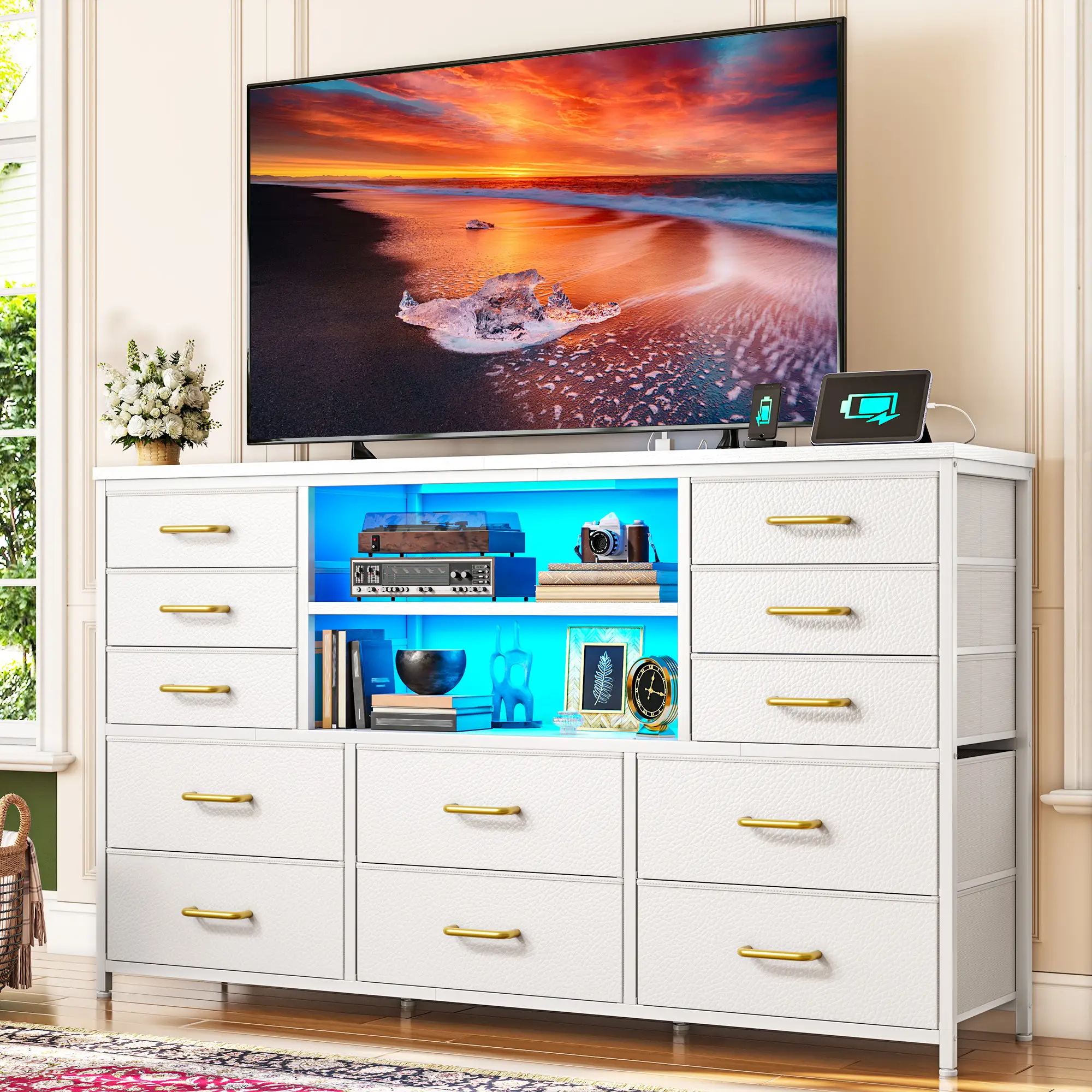 Raybee TV Stand for 60" TV with LED & Charge Station, Entertainment Center with 12 Fabric Drawers Dresser for Living Room, Entryway, Bedroom