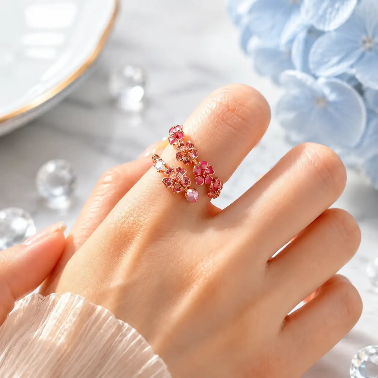 Women's Vibrant Peach Blossom Ring - Minimalist Floral Costume Jewelry, Beautiful Rings with Rose Gold Aesthetic, Gifts for Women, GF Gift for Daily Wear, Birthdays