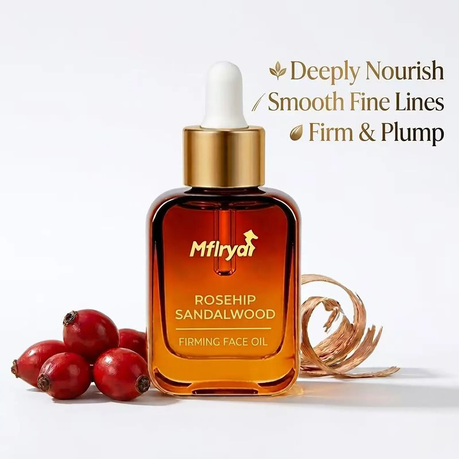 Mflrya Radiant Premium Rosehip & Sandalwood Anti-Aging Facial Oil (30ml) - Retinol & Ferulic Acid Formula Firming Serum with Gua Sha Tool - Dewy Skin Repair, Deep Wrinkle Repair, Fine Line Smoothing, Exfoliating Rice Ampoule, Soft Skin, Smooth Skin Routin