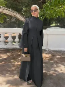 Women's Ramadan Muslim Abaya Solid Color Elegant Cardigan + Long Sleeve Dress Set, Casual Slim-Fitting Two-Piece, Modest Muslim Outfits, No Hijab Included