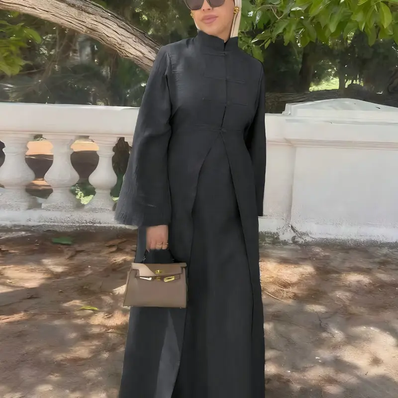 Women's Ramadan Muslim Solid Color Elegant Cardigan + Long Sleeve Dress Set, Casual Slim-Fitting Two-Piece, No Hijab Included, Matching Outfits Set, Outfit Sets Women