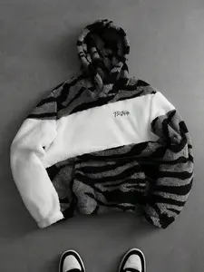 Unisex Hooded Sweatshirt, Cute Cozy Sweatshirt, Soft Fabric Pullover, Knit Sportswear, Fall Winter Clothing, Color Block Design, Zebra Print Patchwork, Casual Style