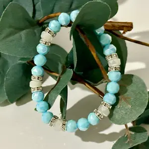 Blue White Bead Beaded Rhinestone Stretch Stretchy Bracelet