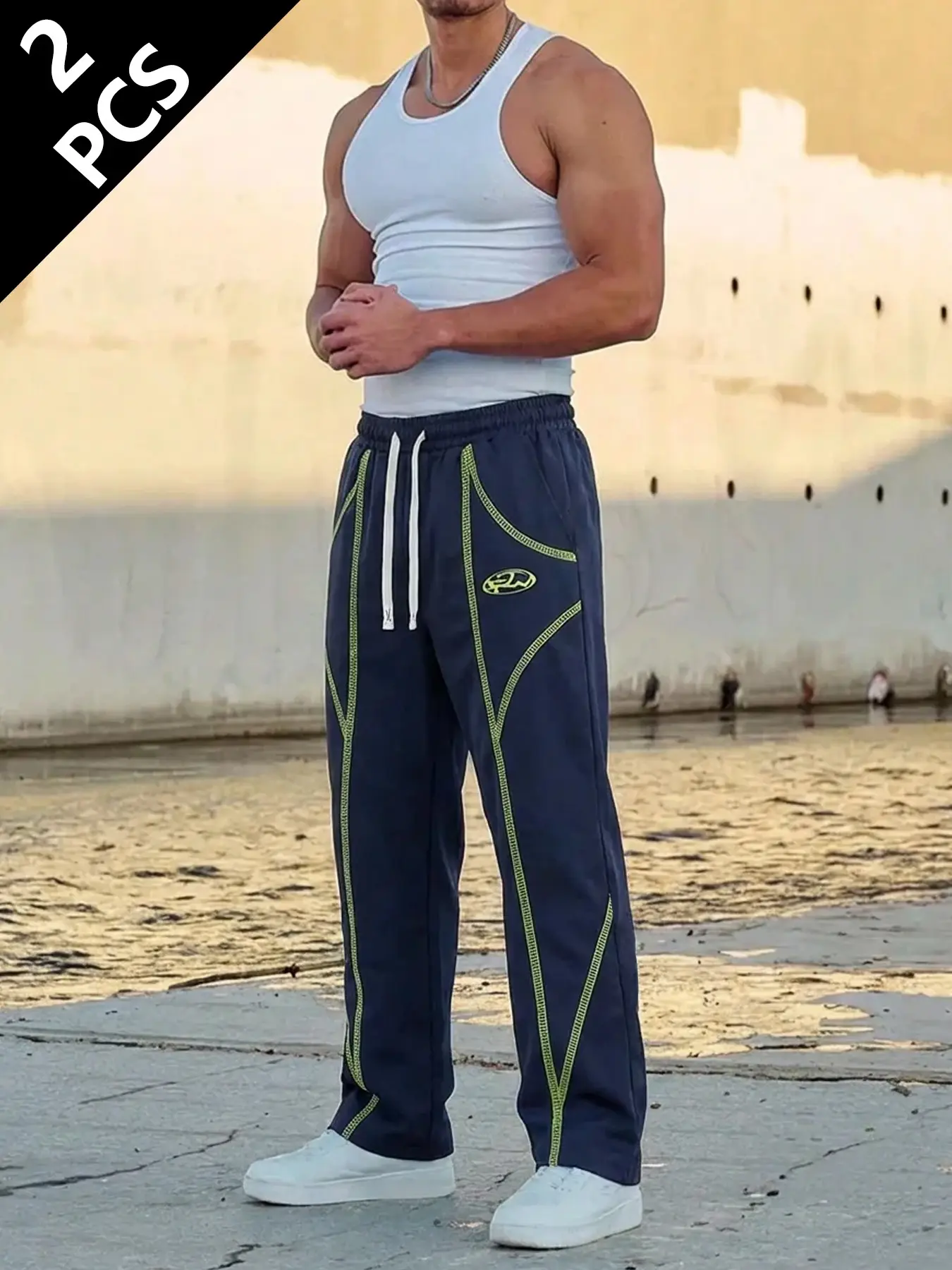 2-Pack Men's Y2K Baggy Track Pants, Retro Contrast Stitching Straight Leg Casual Trousers, Drawstring Waist Breathable Streetwear Sweatpants, One Piece Multiple Ways for Gym Workout, Street Style & Daily Commute, 2026 Viral Hip Hop Loose Fit Joggers