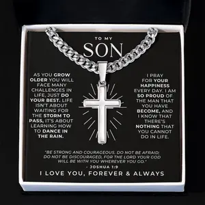 Joshua 1:9 - Prayers for My Son - Cross Pendant Necklace,Necklace Gift for Dad with Message Card and LED Box, Birthday Gift for Men, Christmas Gift, Birthday Idea