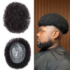 DAIXI Afro Men Hair Toupee, PU Skin Base with V-looped Hair System, African Curl Human Hair Unit, Natural Blac Black Curly Wigs Glueless Beginner Wig