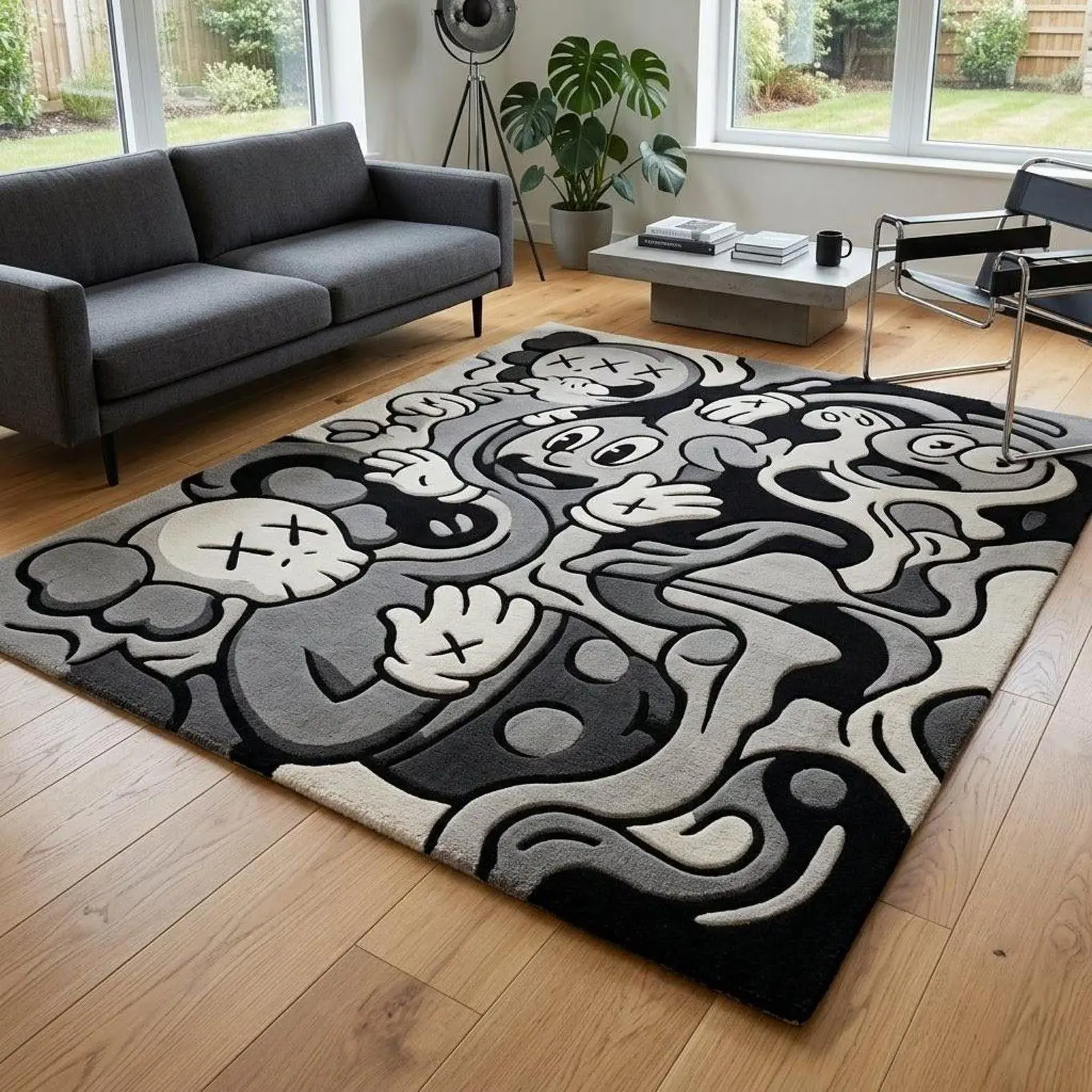 Hypebeast Cartoon Rug Hand Tufted Wool Area Carpet Grey Black Mickey Skull Hype Room Decor Modern Streetwear Mat