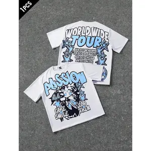 (Gold promotion)Manfinity Streetrush Men's Letter & Star Graphic Loose Round Neck Short Sleeve T-Shirt, Summer T Shirts Graphic, Graphic Tees White, Mens Tshirts Double Sided Print, Graphic Tees , World Tour T-Shirt