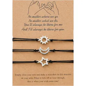 3 PCS Friendship Bracelets for 3 Best Friend Couples with Moon Sun Star Adjustable Handmade Cord Relationship Bracelets