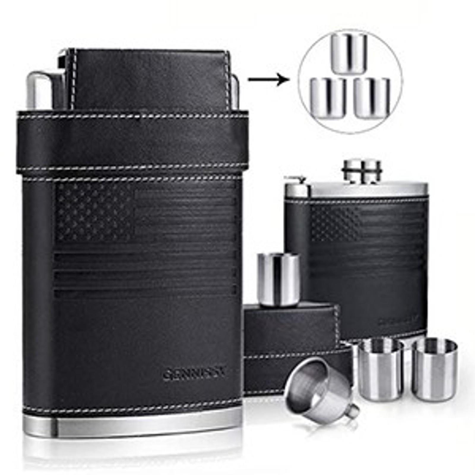 GENNISSY 8oz Hip Flask for Men - 304(18/8) Stainless Steel Bourbon Whiskey Flask, Leakproof with Brown Leather Wrap - Includes Funnel & 3 Mini Cups for Dad, Gifts, TravelGift