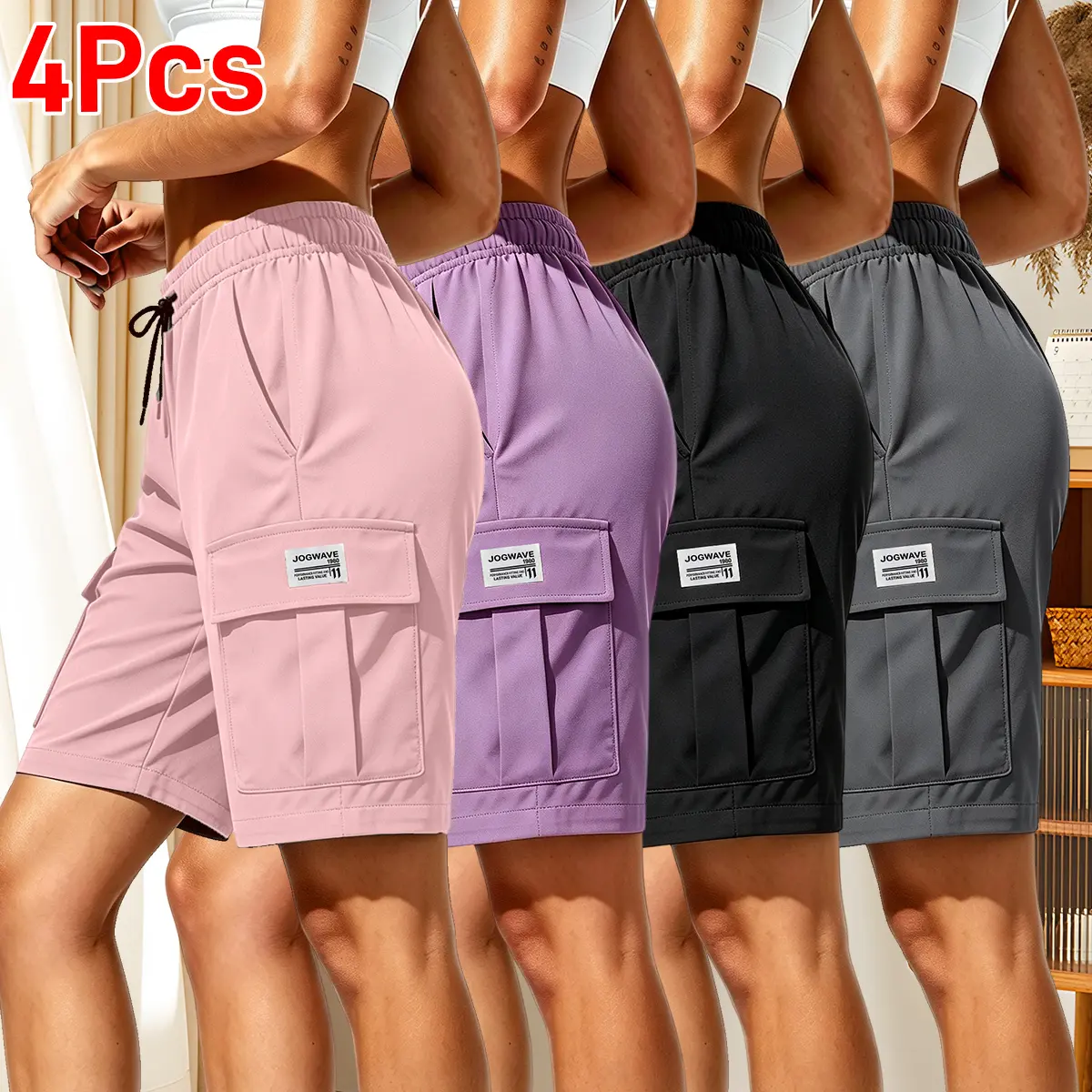 Pack of 4 women’s outdoor cargo shorts—breathable, quick-drying, multi-pocket design, solid color, drawstring elastic waistband; suitable for outdoor sports and casual wear; summer shorts, women’s shorts. women cargo short