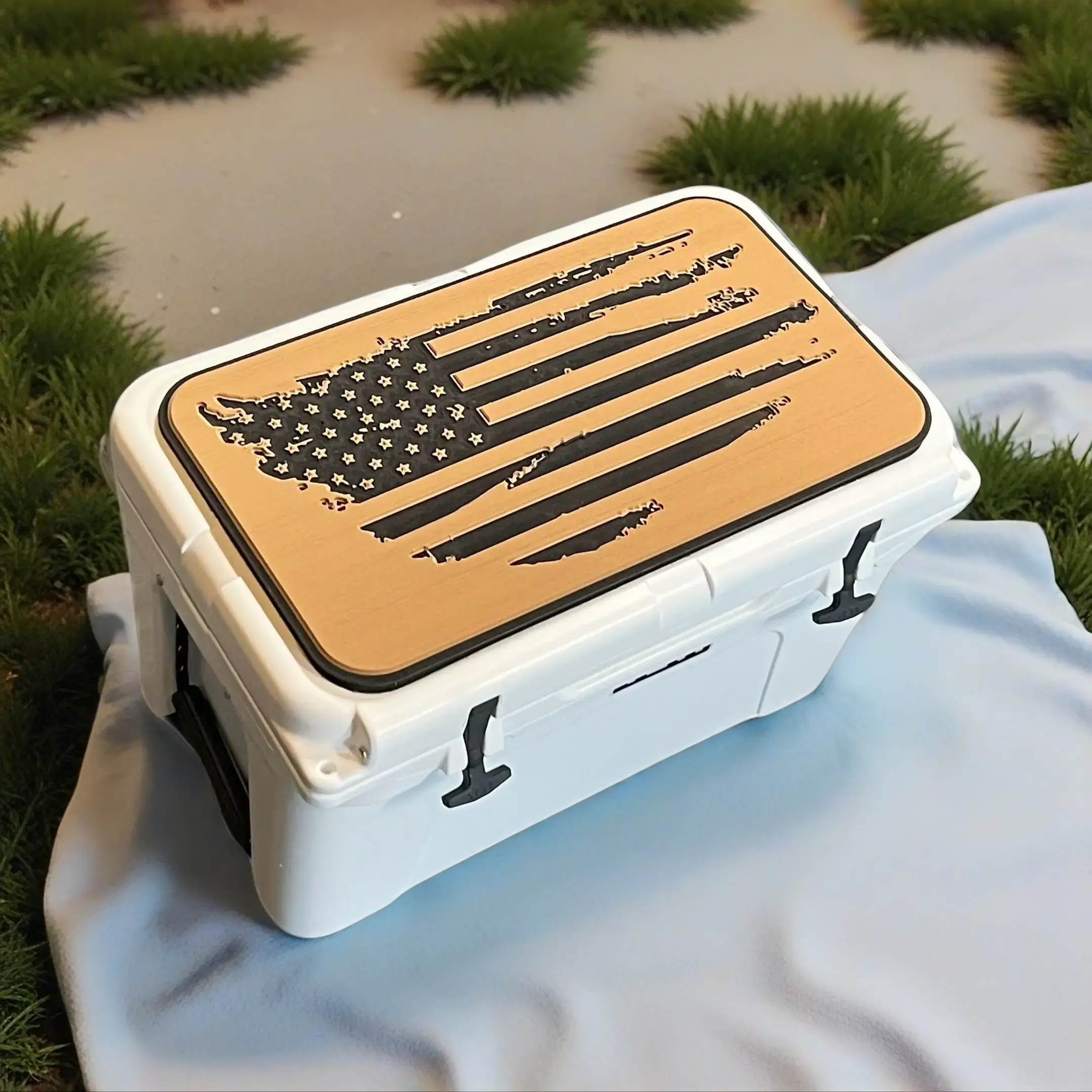 YETI Cooler Pad with Torn American Flag Logo Rust/Black Mat for YETI Tundra Cooler Lid Easy Peel & Stick Application 3M Adhesive Camping Accessories Outdoor Adventure Outdoor Fun