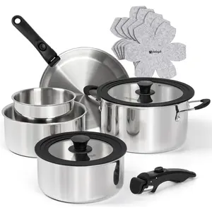 14 count Tri-Ply Stainless Steel Cookware Set with Detachable Handle, Induction Kitchen Cookware Set, Oven Safe Pots and Pans, Stackable RV/Camping Cookware