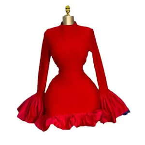 Summer Spring Red Ruffled Dress Women's Elegant Y2k Streetwear Party Hip Wrap Casual Style A-Line Vestidos High Waist Flare Sleeves