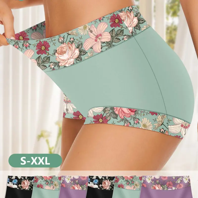 6-Pack MEIYATING High-Waist Casual Everyday Women's Daily Casual Underwear, Intimates Panties, High Waisted Knicker, Waist Cinching Butt Lifting Floral Pattern, Comfortable Fitted Fit, High-Quality Skin-Friendly Triangle Panties, Fitted Knicker