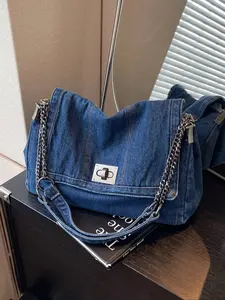 Women's Denim Shoulder Bag, Denim Shoulder Satchel, Fashionable Large Capacity Travel Bag, Casual Underarm Chain Strap Crossbody Bag for Daily Outings & Shopping, Crossbody Shoulder Purses