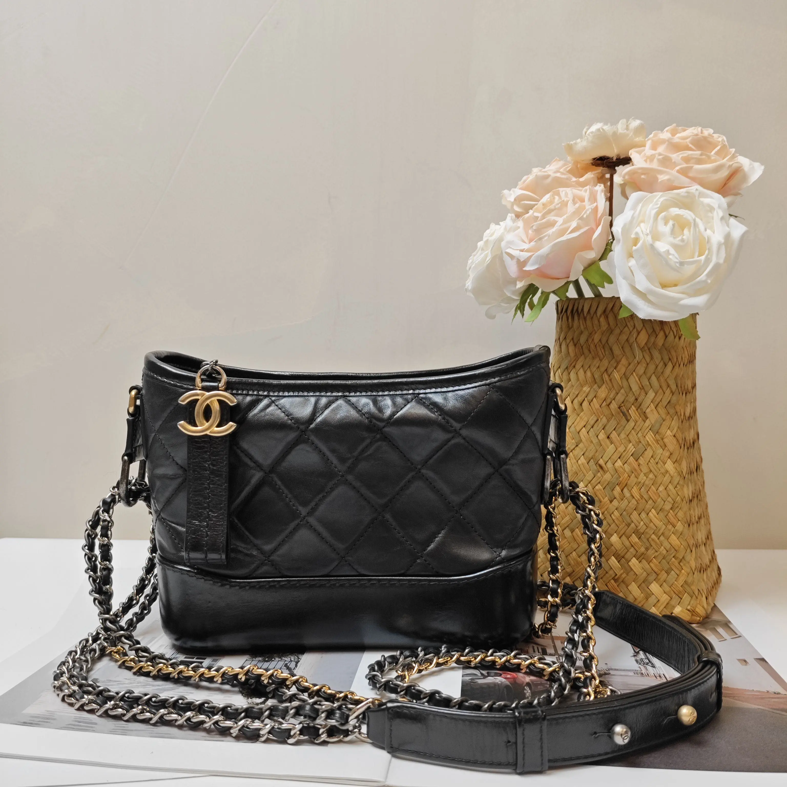 Pre-owned CHANEL SN25 Small Gabrielle Hobo Bag Black Aged Multitone Hardware