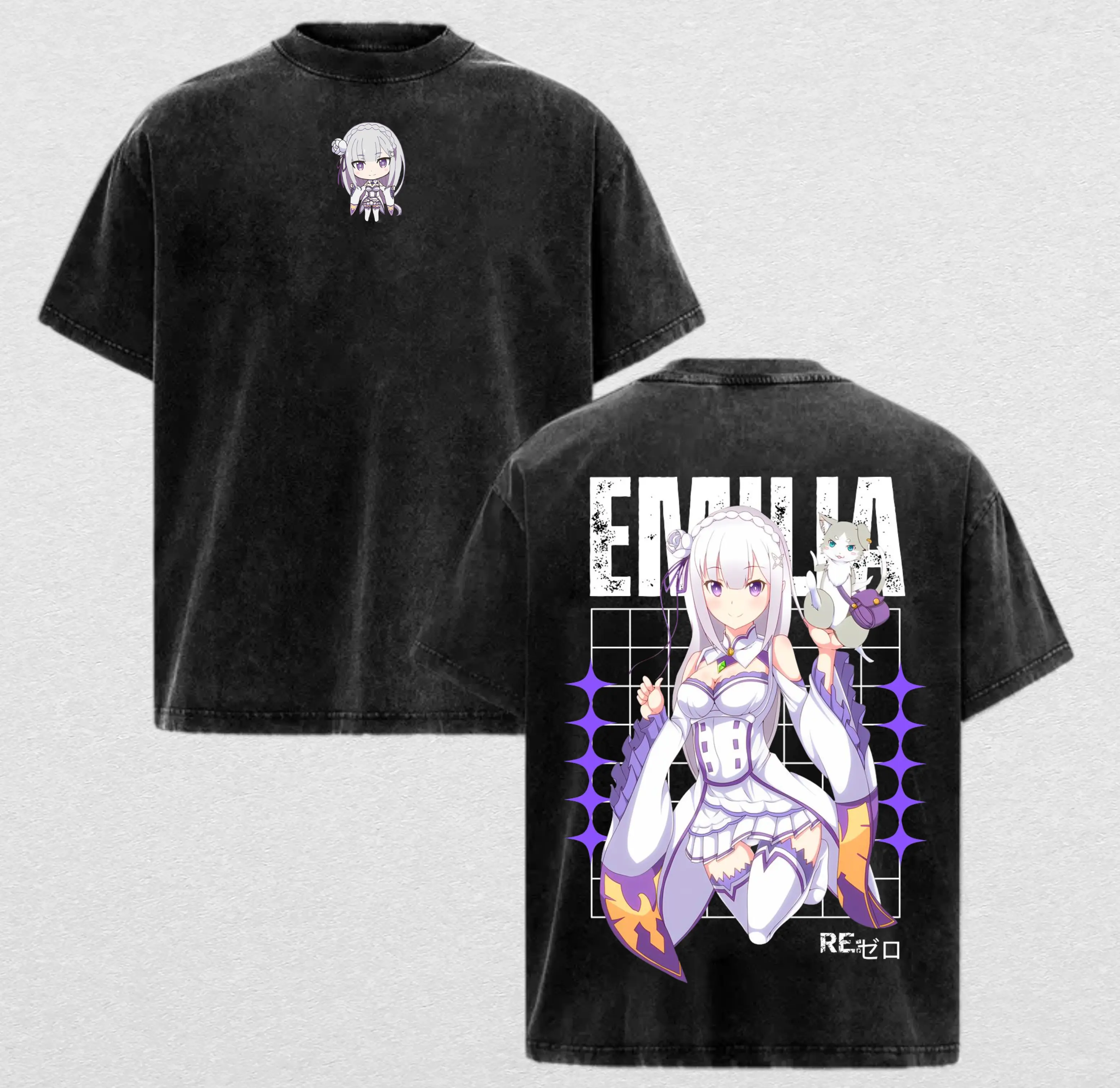 Emilia Re:Zero Vintage Washed Graphic T-Shirt - Premium Heavyweight Cotton Retro Anime Streetwear Tee - Perfect Oversized Gift for Otaku Fans