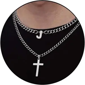 Layered Cross Initial Necklace for Men, Silver Stainless Steel Mens Cross Pendant Necklaces Letter A-Z Cuban Link Chain Necklace for Men Boys 16/18+2 Inches Jewelry Gift