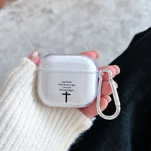 Simple Cross Pattern Protective Case for AirPods 4/3/2/1/Pro/Pro2 Soft TPU Earphone Cover, Transparent with Keychain