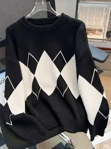 Spring Fall Fashion Simple College Style Casual Round Neck Argyle Pullover Sweater, Loose-Fitting Knitwear for Women Piece