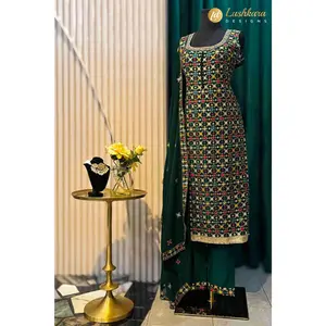 Lushkara Deep Green Floral Embroidered Sharara Suit