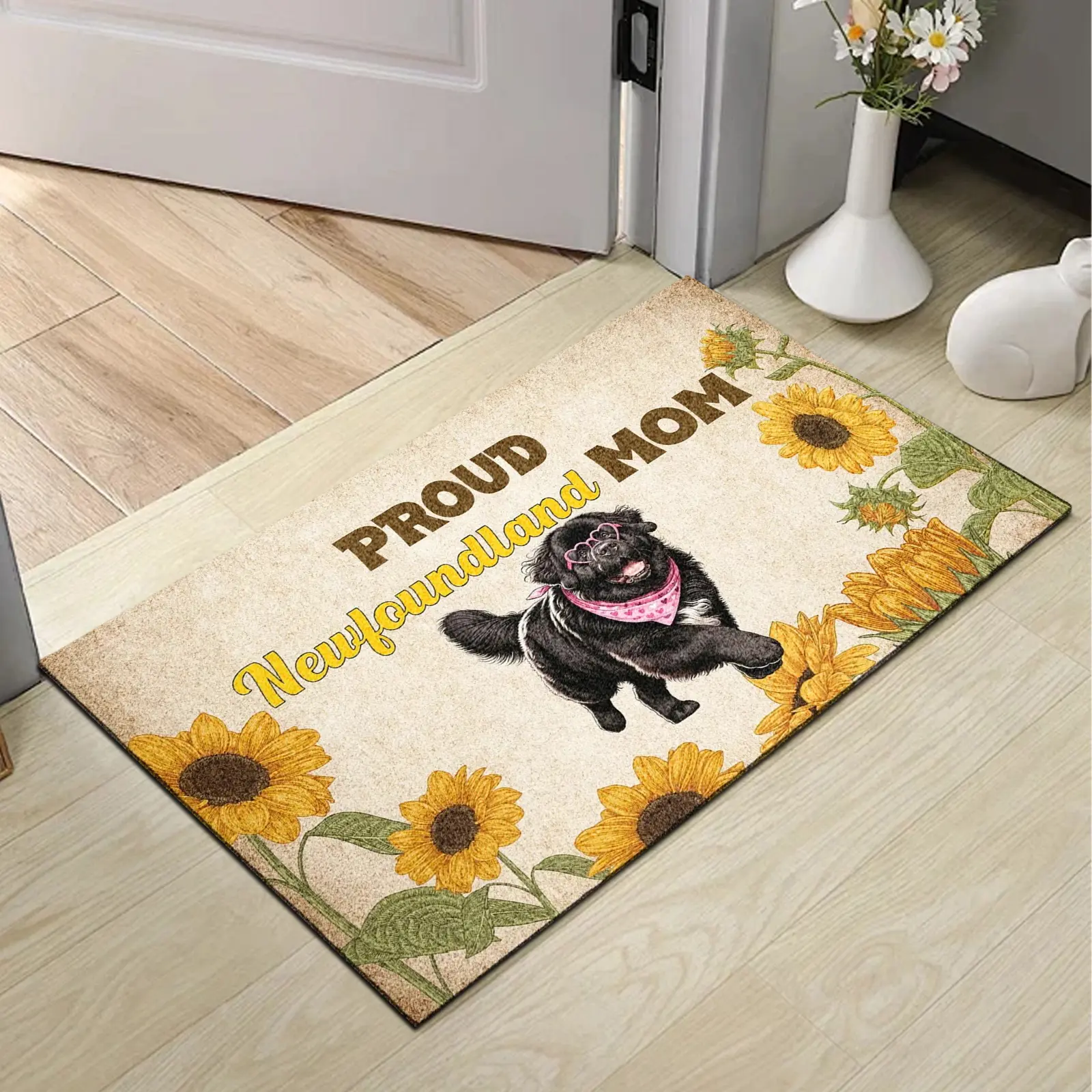 Proud Newfoundland Mom Doormat. Cute Black Newfie Dog in Glasses Welcome Front Door Mat. Sunflower Indoor Outdoor Rug. Dog Lover Gifts for Women. Unique Mothers Day, Birthday Present Home Decor