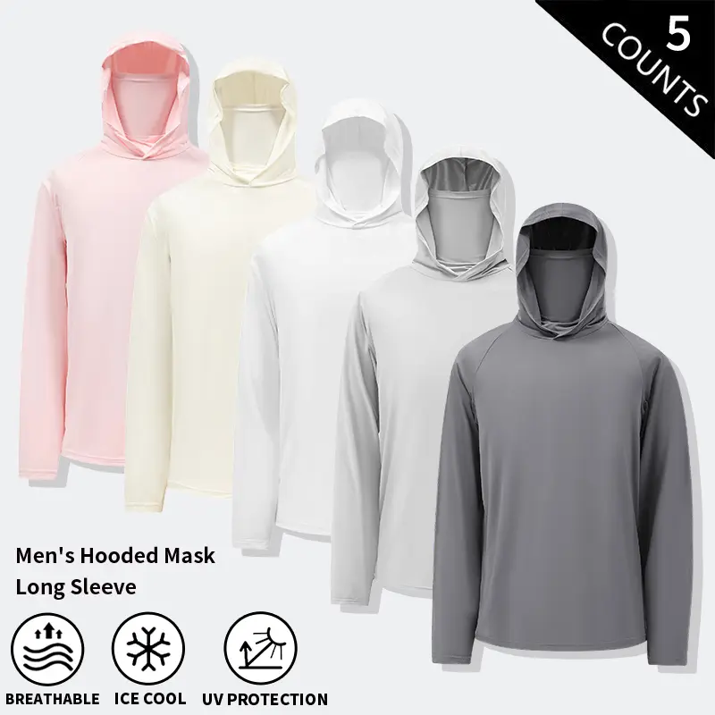 5-Pack Men’s Hooded Long Sun Hoodie with Built-In Face Mask – Ice-Cool, Breathable Sun Protection Rash Guards, Loose Fit Outdoor Tops for Fishing, Hiking, Cycling, and Driving