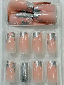 Elegant Press-On Nail - Pink with Silver Leaf Design, Versatile & Comfortable for Any Occasion, Easy Application for Stylish Look
