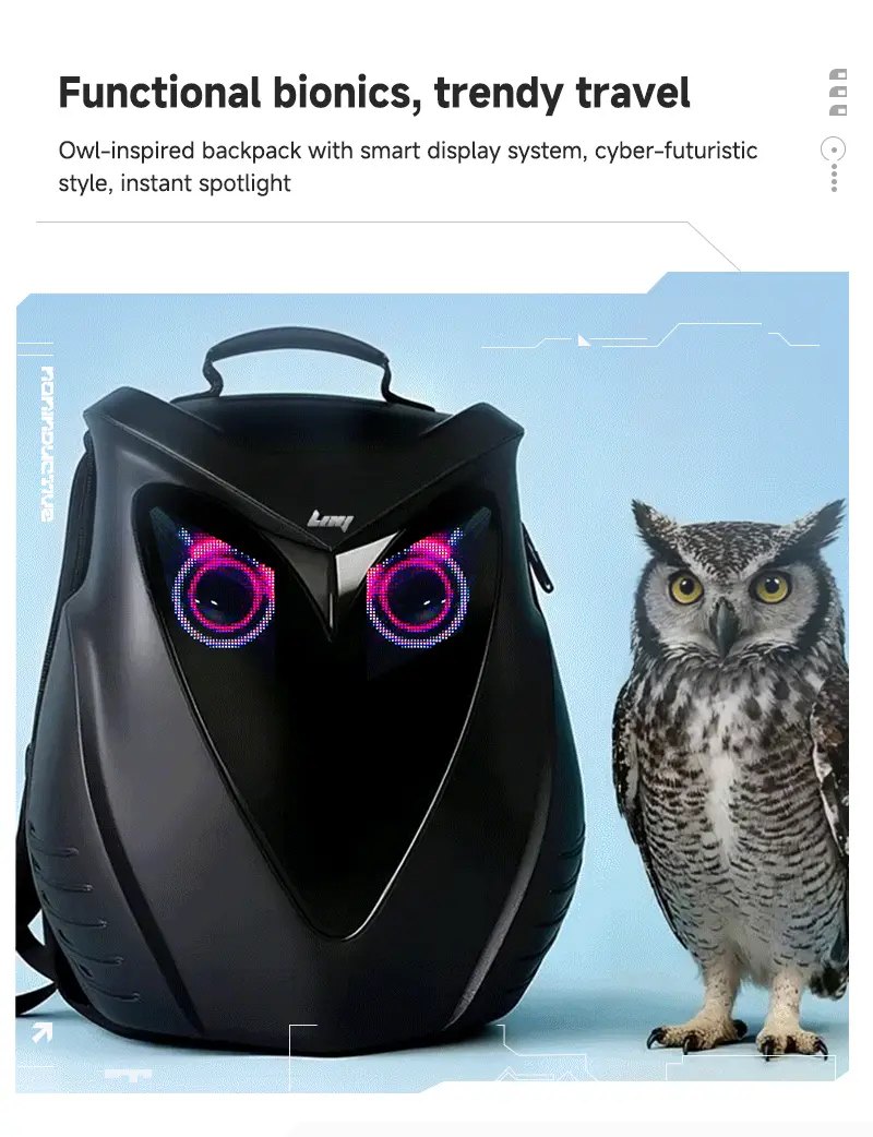 Bionic Owl Smart LED Display Bike Backpack - App-Controlled, Hard Shell, Waterproof, 15.6" Laptop-Fit Techwear for Cycling, Motorcycle Riding