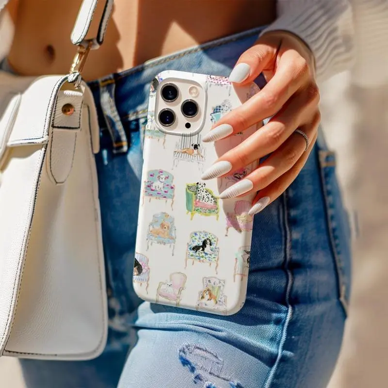 Whimsical Puppy Chair Smartphone Case - Cute Vintage Dog Pattern Artistic Shell, Handheld Cellphone Protection Cover Compatible with iPhone 11 12 13 14 15 16 17 Pro Max Air Plus