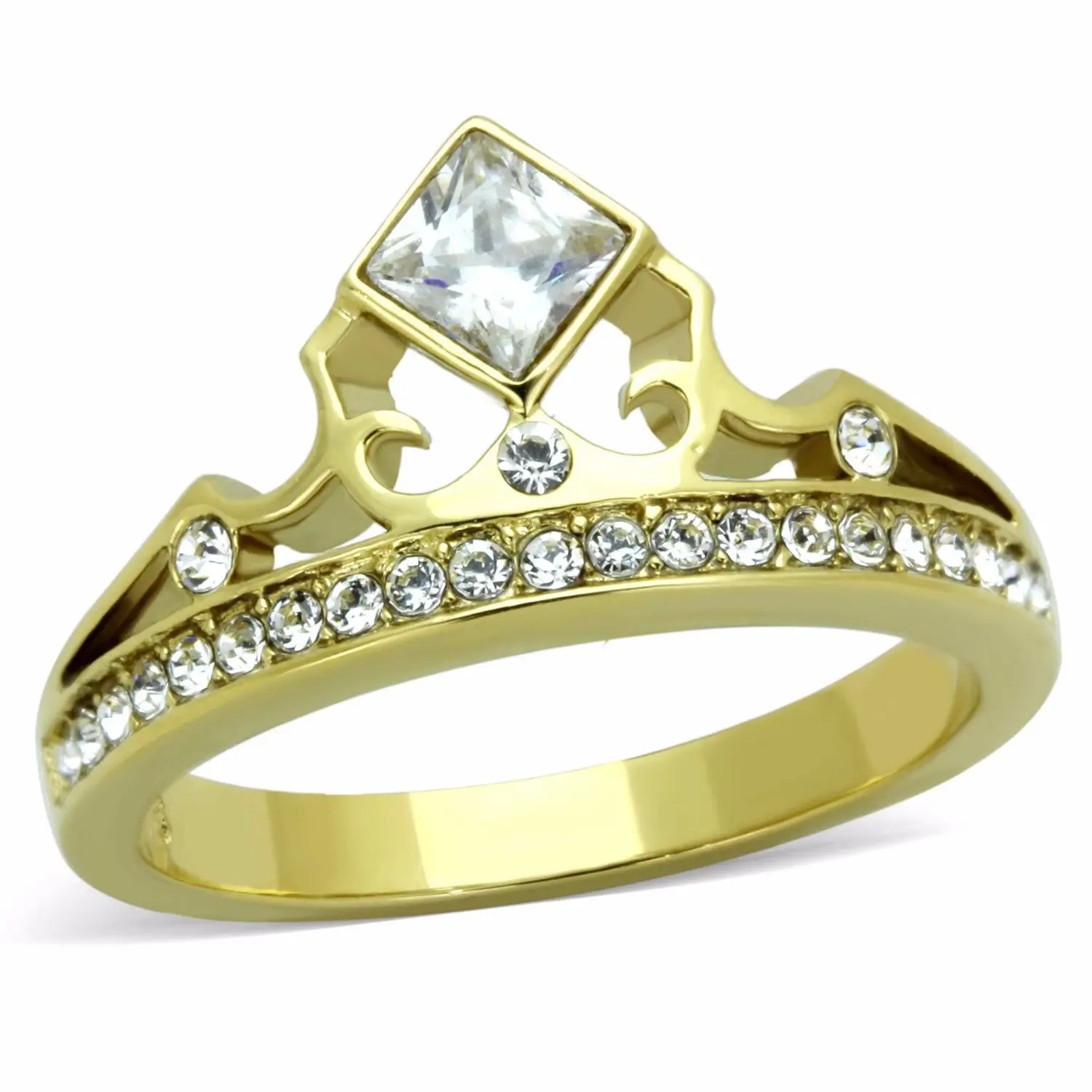 Lanyjewelry Women's Princess Crown Cubic Zirconia Solitaire Ring - Gold IP Stainless Steel, Hypo-allergenic, Multi-Size Engagement Wedding Jewelry