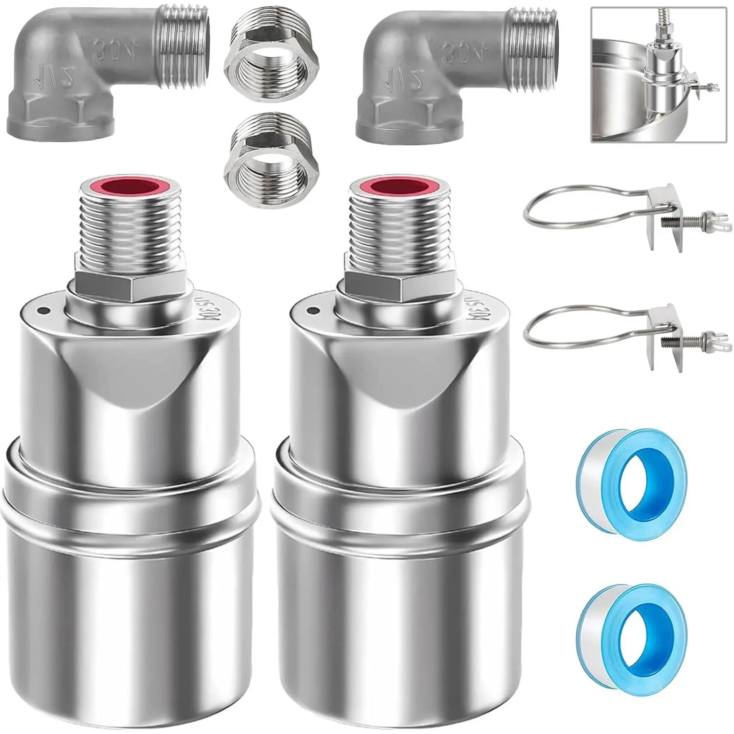 2-Pack 304 Stainless Steel Mini Float Ball Valves with Support - 1/2", 3/4", 1" Sizes, Auto Shut-Off Water Level Control for Livestock Water Troughs, Ponds