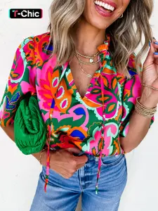 Summer Casual Tropical Plant Print Pleated Fitted V-Neck Short Sleeve Floral Shirt Blouse, Women's Fashion Top, Comfortable and Stylish