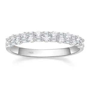 FINDURINGS 925 Sterling Silver Wedding Bands for Women Baguette Round Cubic Zirconia Two-Row Eternity Band Stackable Engagement Rings