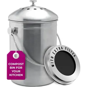 Countertop Compost Bin Kitchen | 1.3 Gallon | Odorless Composting Bin with Carbon Filters | Indoor Compost Bin with Lid | Stainless Steel Kitchen Composter for  Scraps &  Recycling