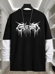 Men's Letter Print Round Neck Tee, Casual Loose Fashion Graphic Long Sleeve T-shirt for Daily Wear, Men's Top for All Seasons, Tropical, Casual Streetwear Top