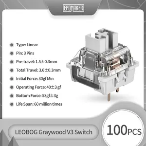 LEOBOG Graywood V3 Linear Clearmy Switch Set - 40gf, 3 Pins Pre-lubed, 100 Pieces for Custom Gaming Keyboards