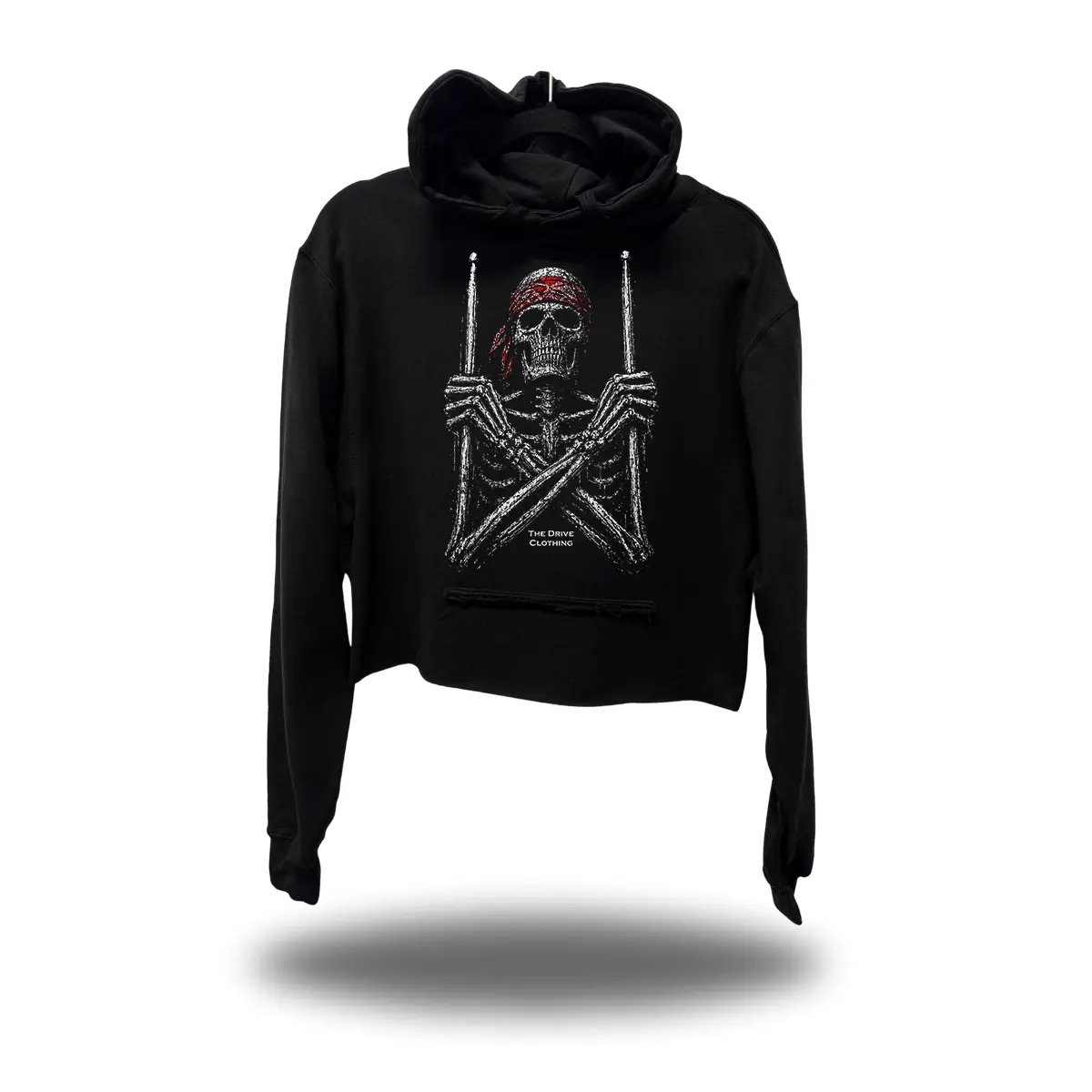 Bone Drummer Crop Hoodie Black Cropped Graphic Hoodie - Unisex Cotton Polyester Pullover, Multicolor Print, Hand Cut Streetwear Sweatshirt, Cozy Layering Top, Casual Outfit And Everyday Comfort