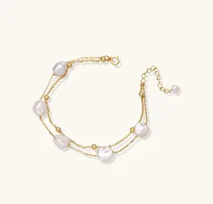 18K Gold Plated Vermeil & Baroque Freshwater Pearl Layered Bracelet – Elegant Multi-Strand Statement Jewelry outdoorfun