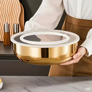 Spacious Golden Stainless Steel Mixing Bowl Featuring a Lid - Resistant to Rust, Designed Deep And Wide for Kneading Dough, Preparing Pasta, Washing Vegetables, And Making Soups - Safe for Dishwashers, Reusable for Dining, with a Sturdy Build
