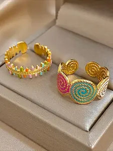 Stainless Steel Spiral Fishbone Ring, Colorful Dripping Geometric Open Design, Casual Women's Jewelry for Daily Wear & Parties