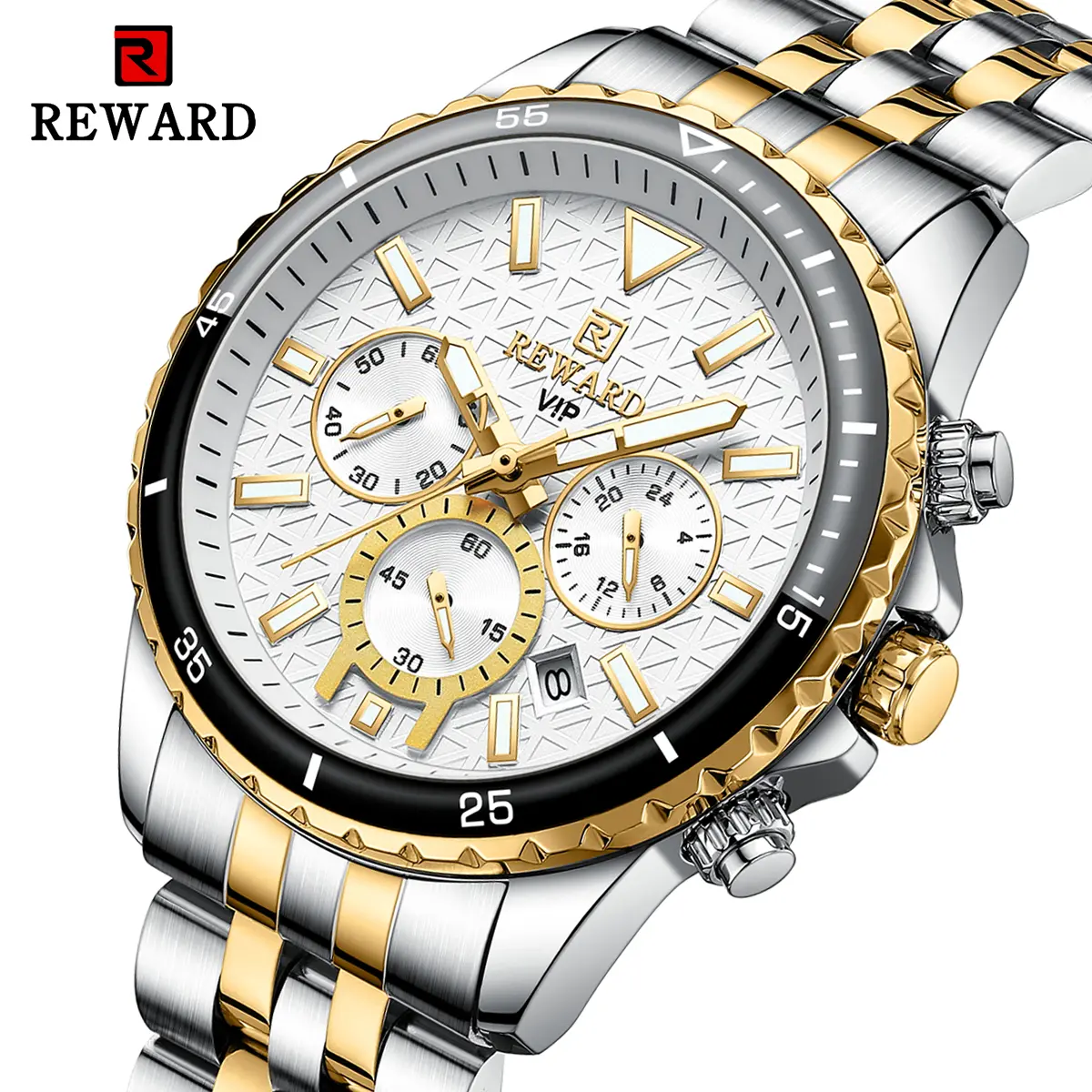 Men's New Design REWARD VIP Business Silvery Golden Quartz Analog Wristwatch, Stainless Steel Chronograph Luminous Sport Watch