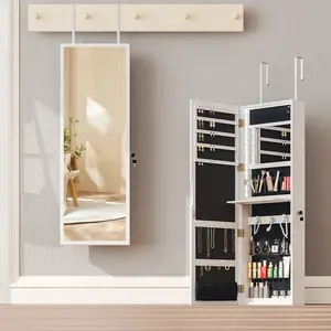 VECELO LED Mirrored Jewelry Cabinet, Full Frameless Mirror, Wall or Door Mounted Jewelry Storage, Lockable Large Capacity Storage, White