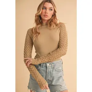Aemi+Co Mock Neck Ribbed Knit Top with Crochet Sleeve