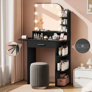 Makeup Vanity Desk with Extra Large LED Mirror Power Outlet 34.25 Foldable Shelves 6 Storage 3 Lighting Modes Black White Compact Design for Small Rooms