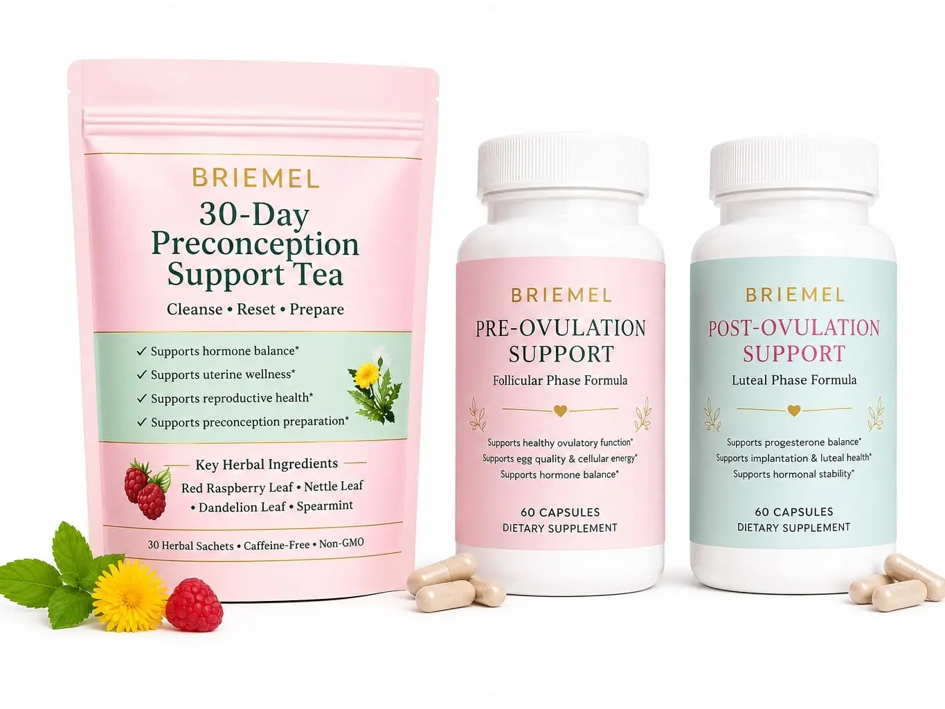 Women’s Dietary Supplement Daily Wellness Capsules & Herbal Tea 3-Piece Set, Morning-Evening Support Routine (30-Day Supply)