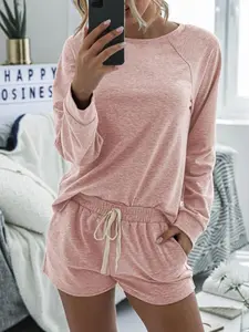 Women's Solid Color Ribbed Sleeve Tee & Drawstring Waist Shorts Set, Casual Loose Fit Round Neck Top & Pocket Shorts Pajama Set, Nightwear