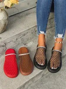 Women's Water Drill Rivet Mesh Slippers, Thick Sole Height Increase Half Slipper, Summer Fashion Casual Outdoor Sandals